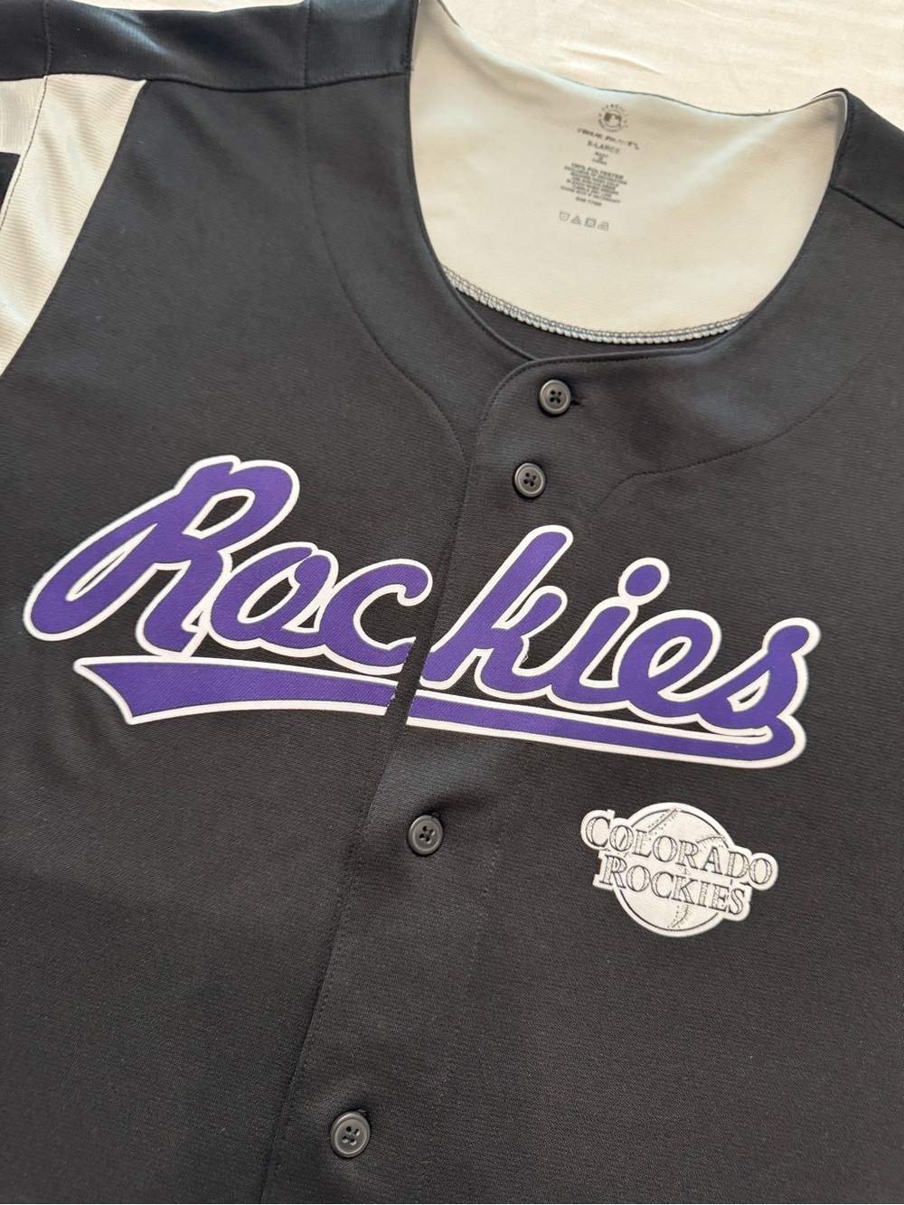 Colorado Rockies Replica Black Button Baseball Jersey with Purple Script Size XL